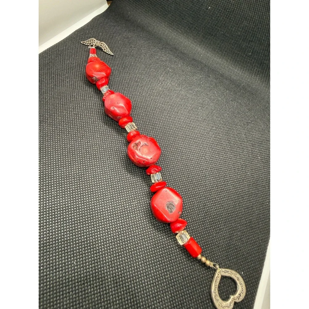 Red Chunky Coral Bead Bracelet Angel Wing Heart Toggle Clasp Boho  8.25